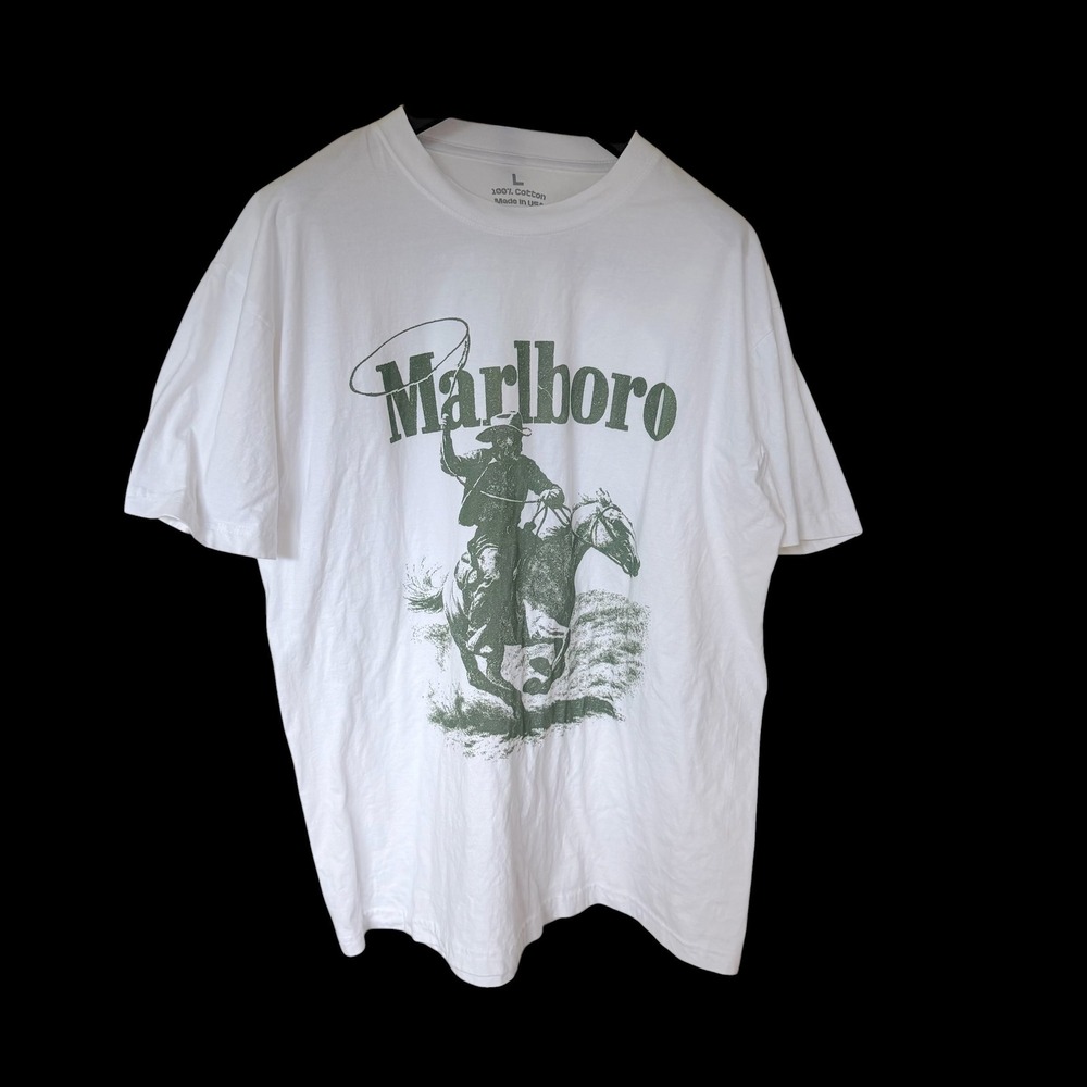 Marlboro Cowboy T-Shirt Mens Large White Green Horse Western Made in USA